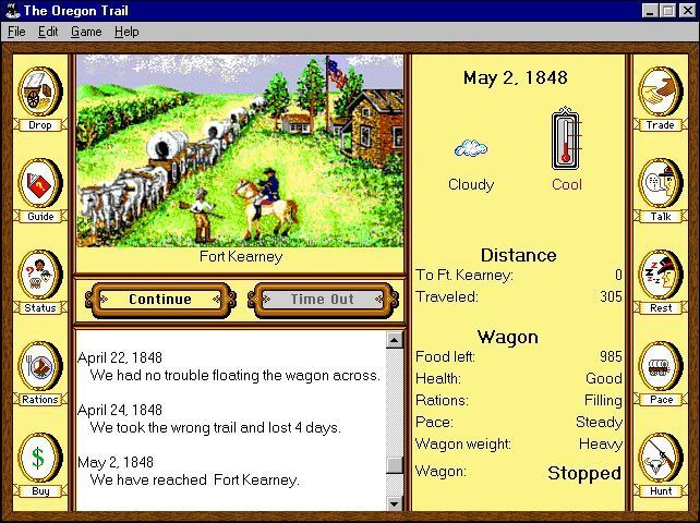 A screnshot of the game Oregon Trail, with a few status updates in the log describing events during travel.