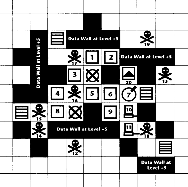 A grid with solid blocks labeled "data walls" and with a variety of icons occupying the other squares, such as skull-and-crossbones and numbered boxes.