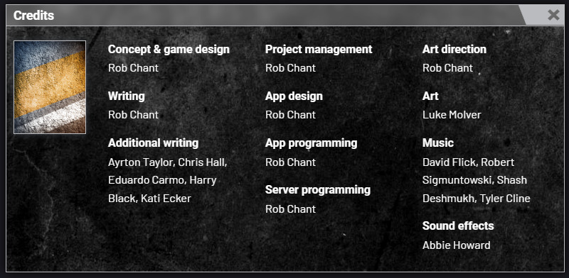 The credits page for cyberpunkdreams. Most of the sections, particularly the technical and leadership ones, have just one name: "Rob Chant". The "Additional Writing" section has 5 names: "Ayrton Taylor, Chris Hall, Eduardo Carmo, Harry Black, Kati Ecker"