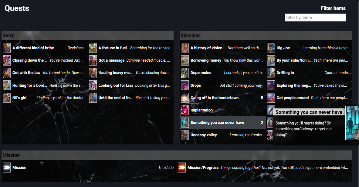 The quests page in cyberpunkdreams. The quests are organized under various headers and are displayed with icons and names. For most quests, a brief description of the current status is also displayed, but a few just have a number in place of the description. In the top right there's a text box for entering a filter, labeled "Filter items".