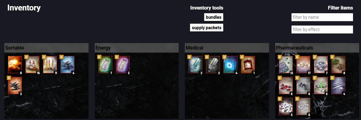 The inventory screen. The sections look similar to the Quests and Progress screens, though the individual items only have their icons displayed, with a quantity in small text in the corner. The standard "Filter items" text box is there, along with a "filter by effect" text box and a few other buttons.