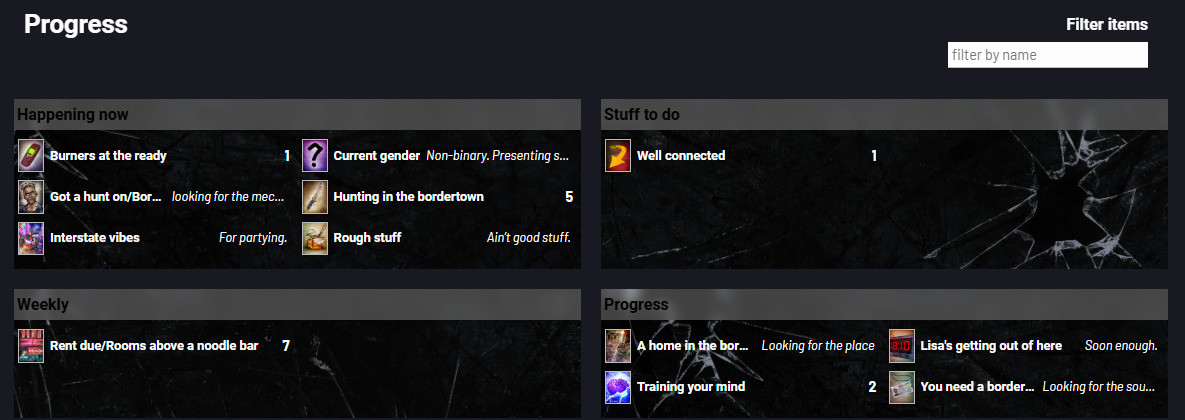 The progress screen. This has the same layout as the quest screen, along with some values having quantities and others having descriptions. Again, the filter text box is in the upper-right.